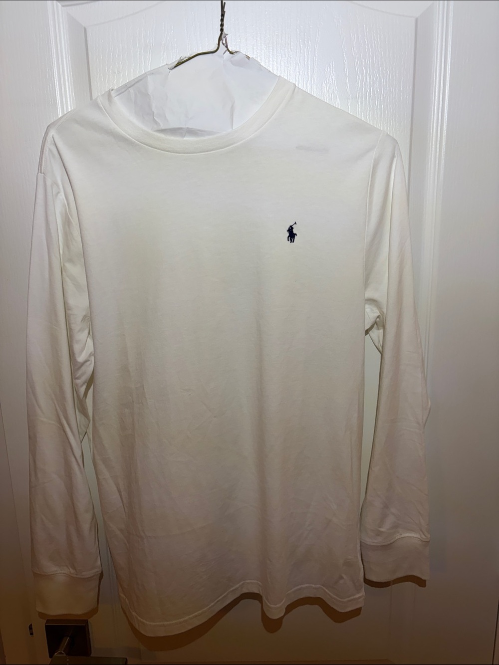 Ralph Lauren White Long-Sleeve Crewneck with Navy Pony